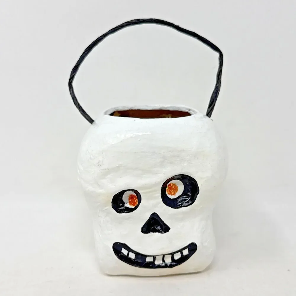 Pottery Barn Kids Paper Mache Owl & Skull Mini Candy Holder Halloween 3x3 Retro